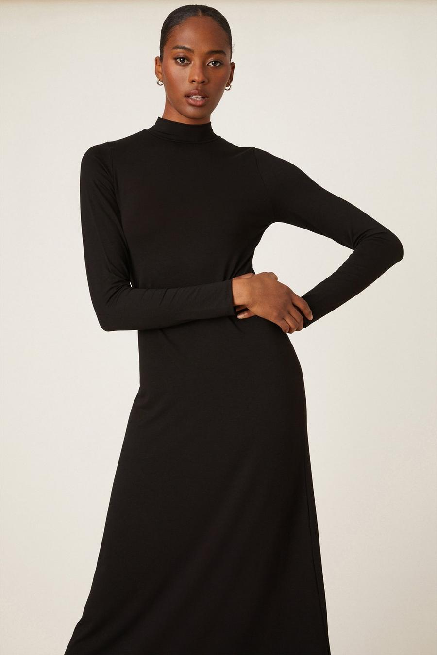 Tall Black Long Sleeve Roll Neck Midi Dress