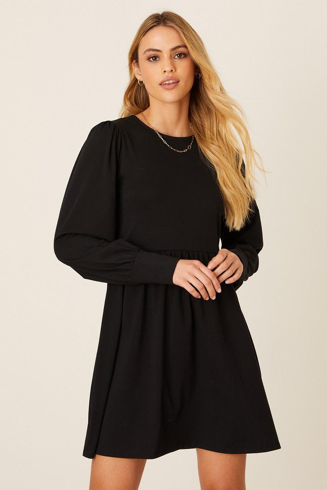 Black Long Sleeve Smock Mini Dress image number 1