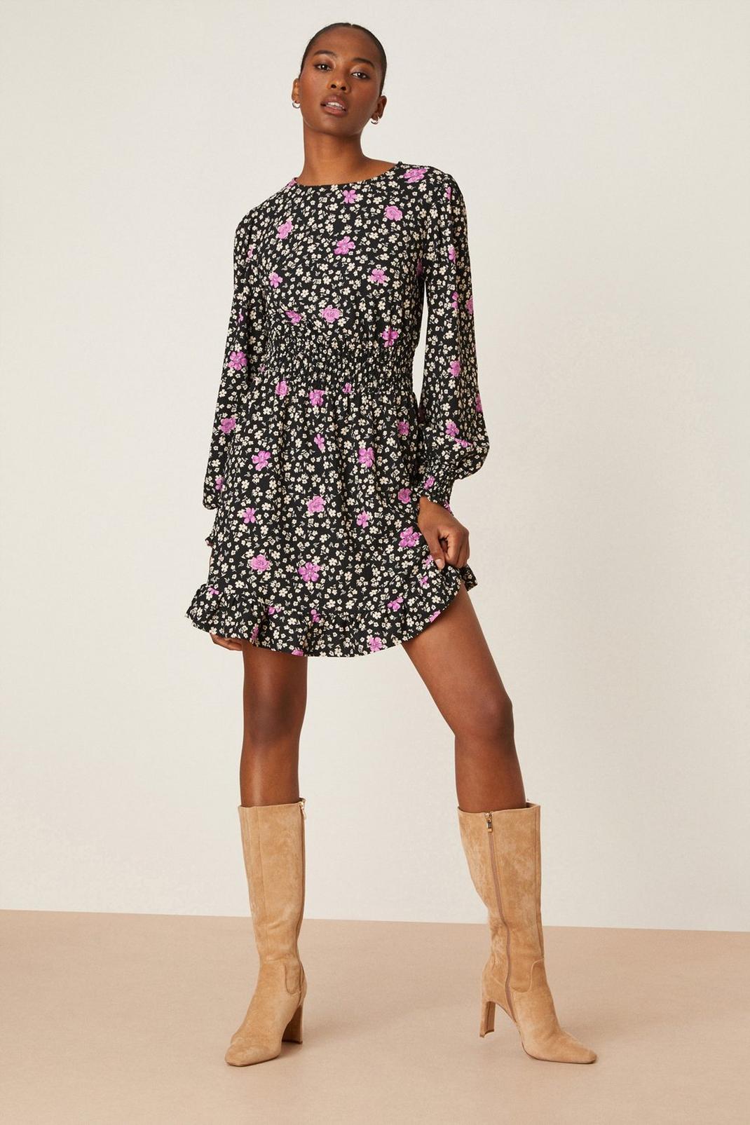 Black Tall Ditsy Floral Shirred Textured Mini Dress image number 1
