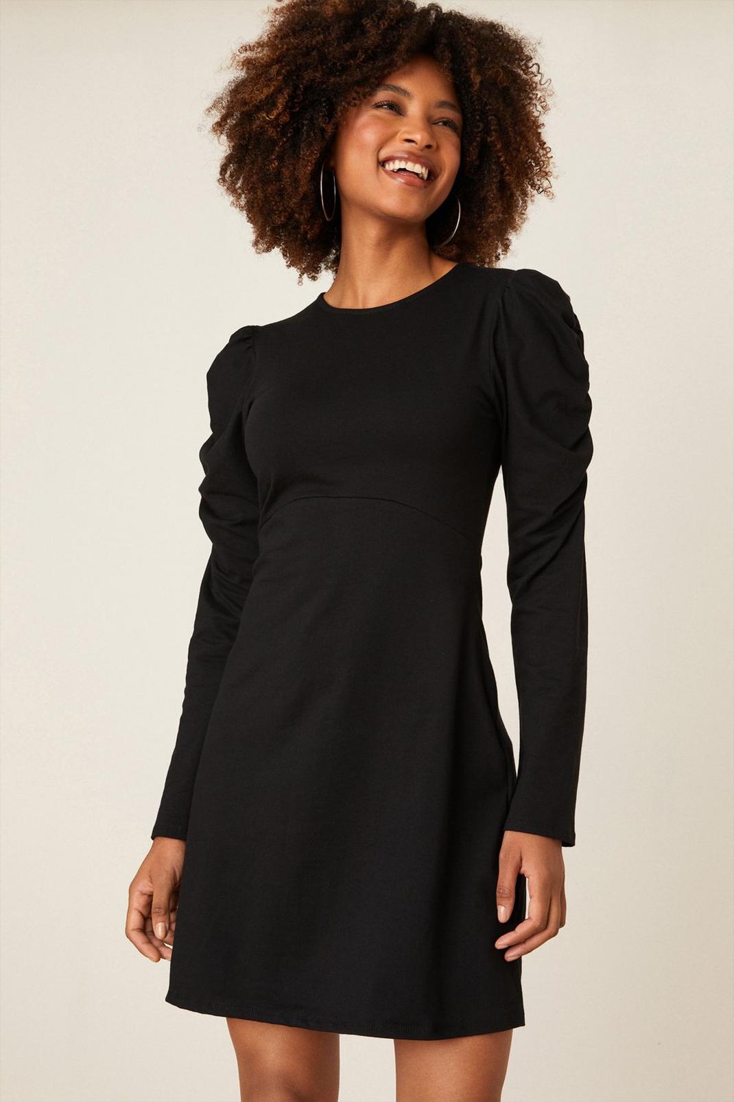 Black Ruched Sleeve Mini Dress  image number 1