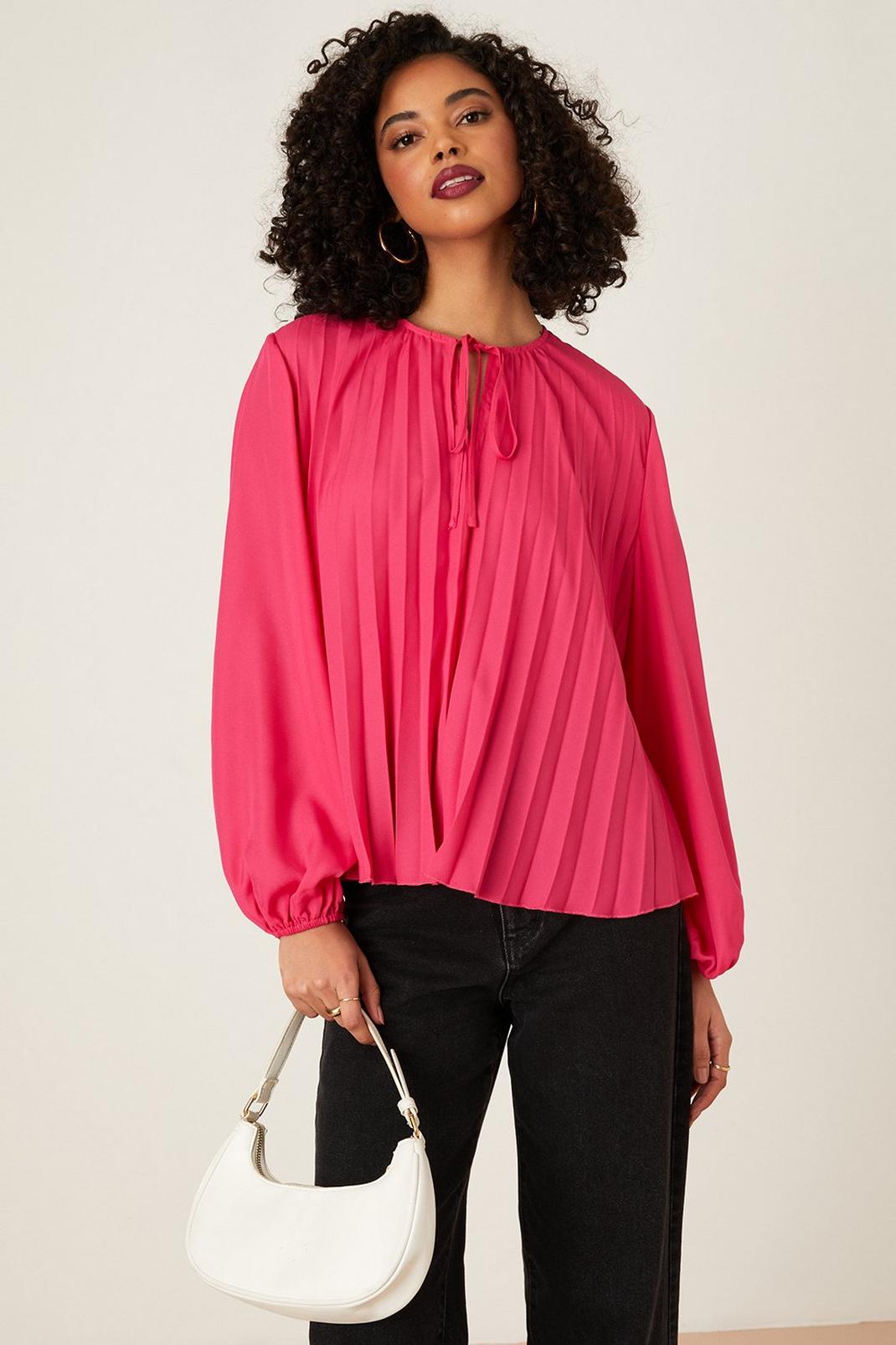 Pink Pleated Chiffon Tie Neck Blouse image number 1