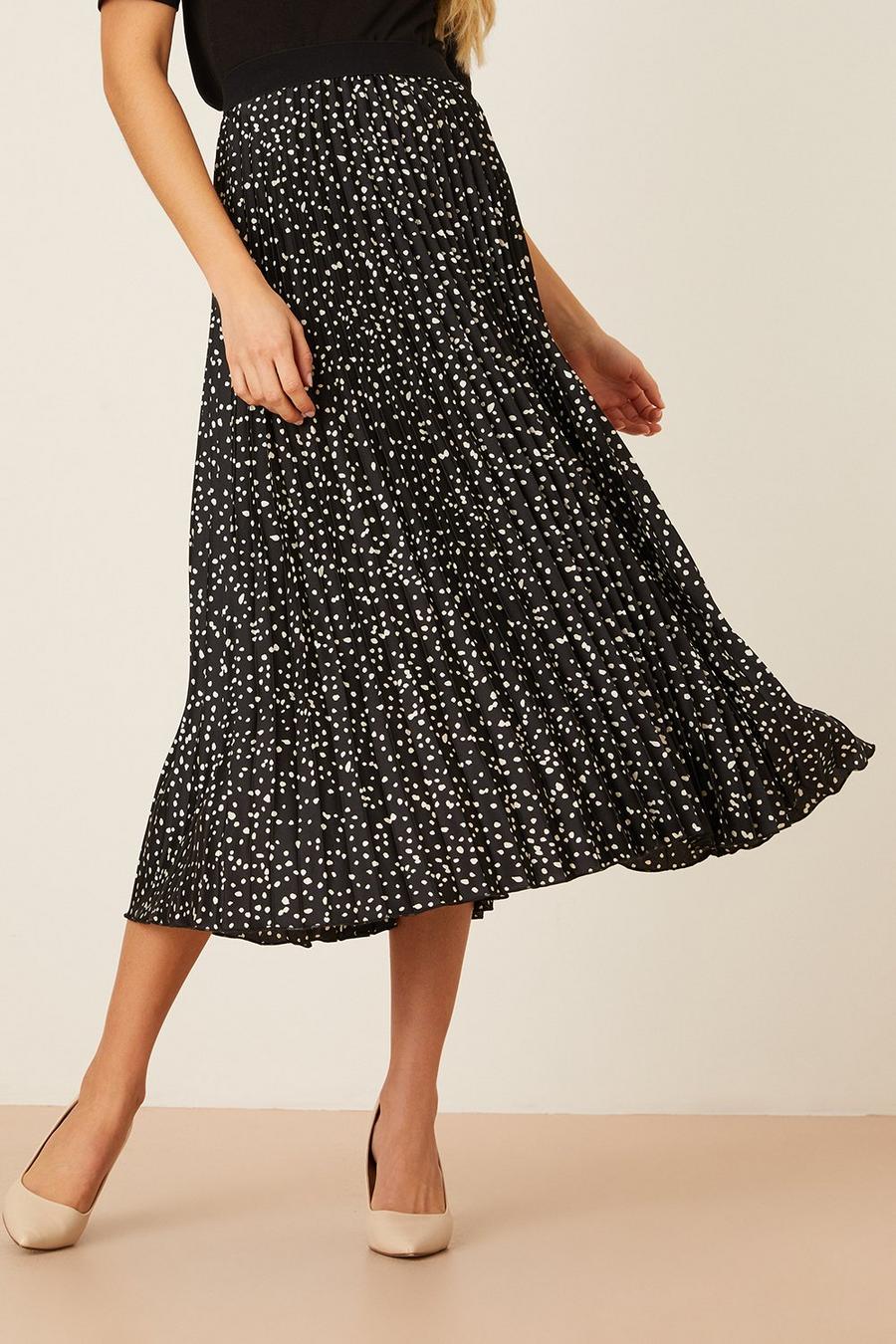 Mono Spot Print Pleated Midi Skirt