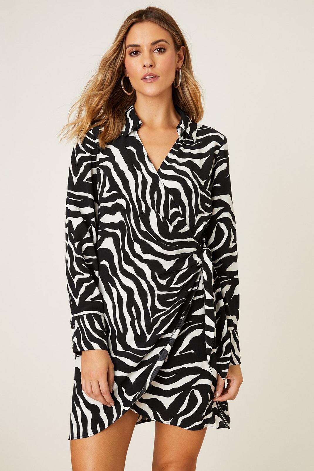 Petite Mono Zebra Print Collar Wrap Mini Dress image number 1
