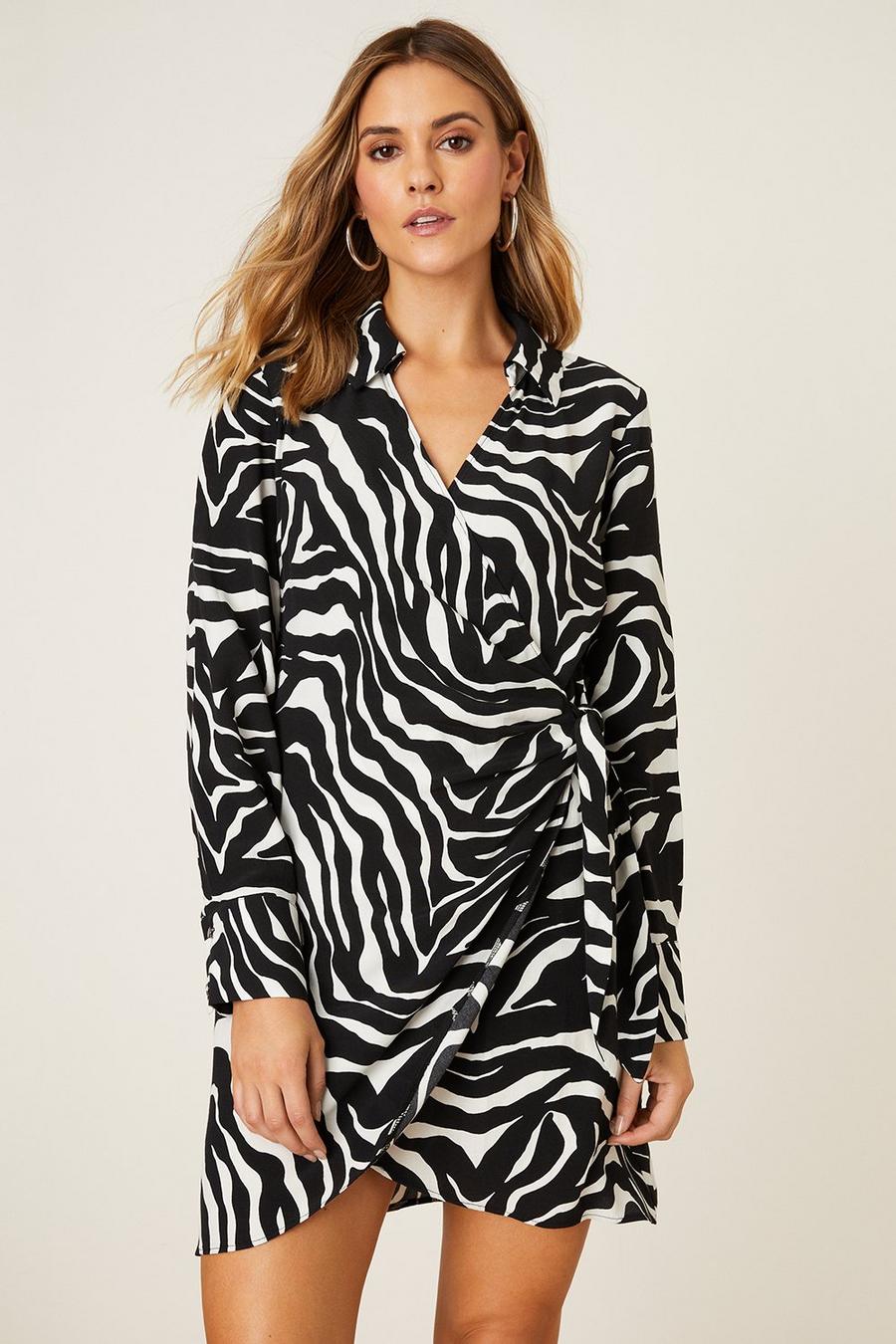 Petite Mono Zebra Print Collar Wrap Mini Dress