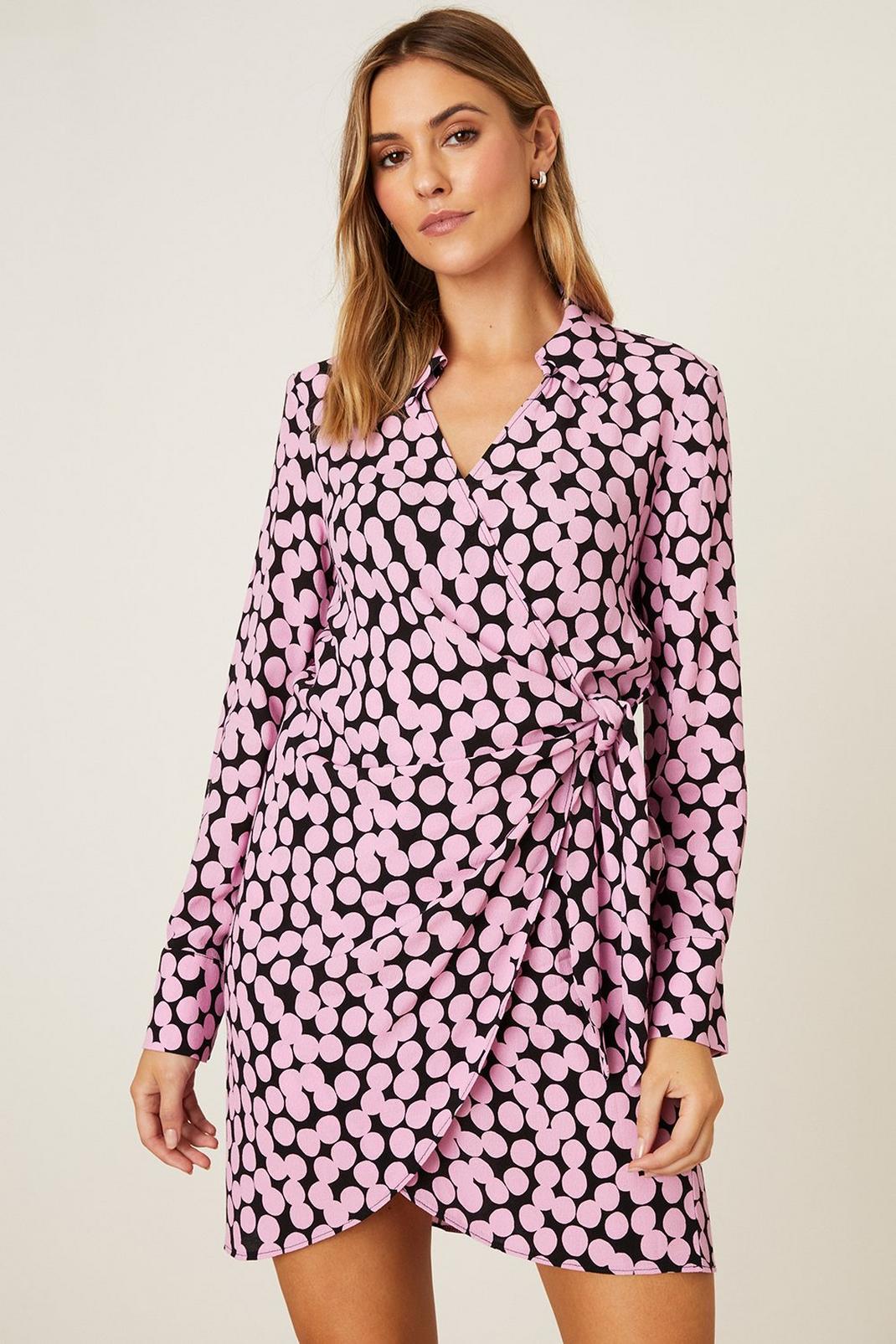Petite Pink Spot Print Collar Wrap Mini Dress image number 1