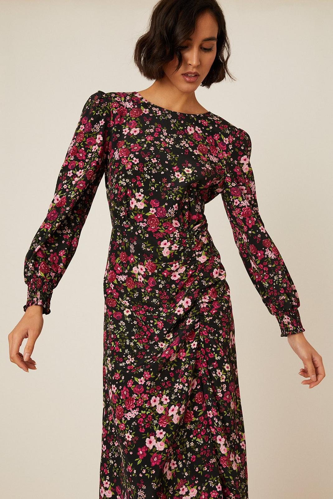 Multi Tall Ditsy Floral Ruched Skirt Midi Dress image number 1