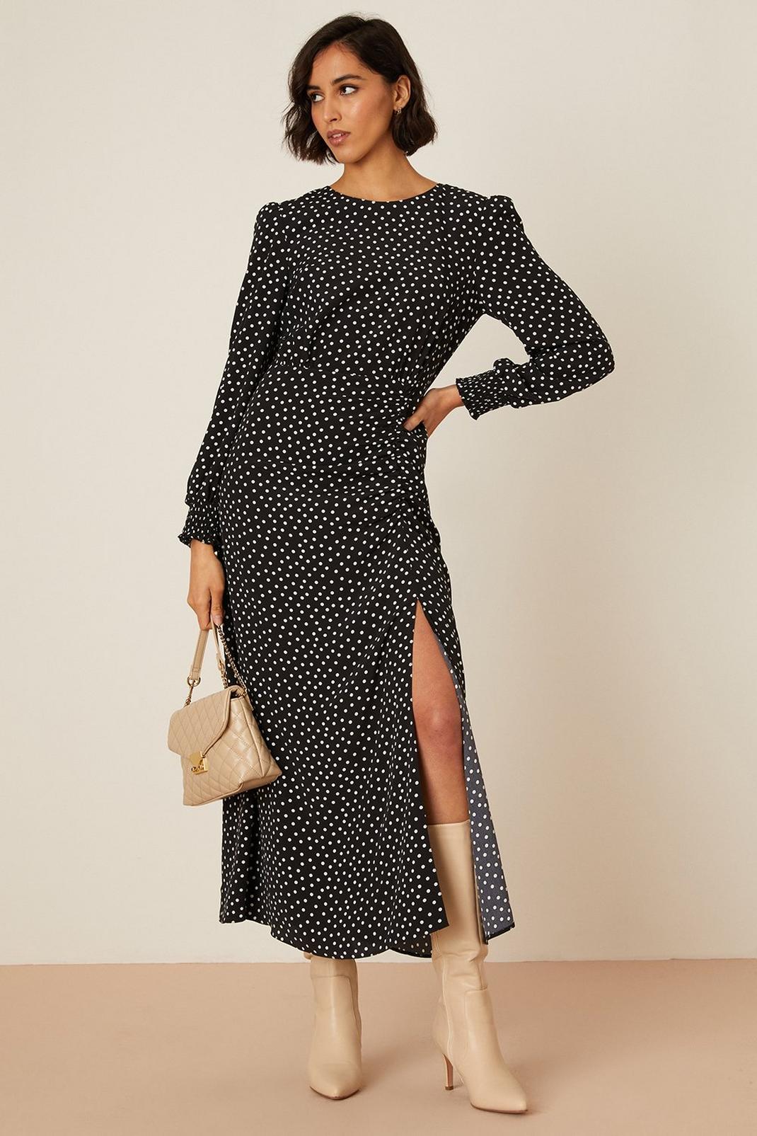 Tall Mono Spot Ruched Skirt Midi Dress image number 1