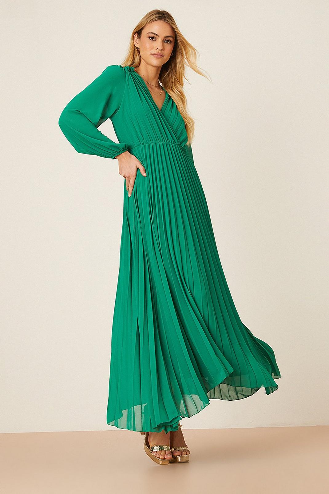 Green Pleated Chiffon Wrap Maxi Dress image number 1