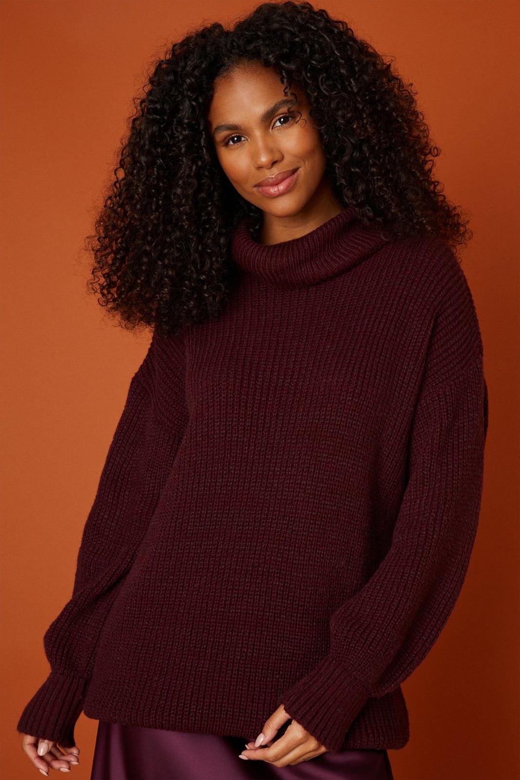 Wine Chunky Roll Neck Jumper image number 1