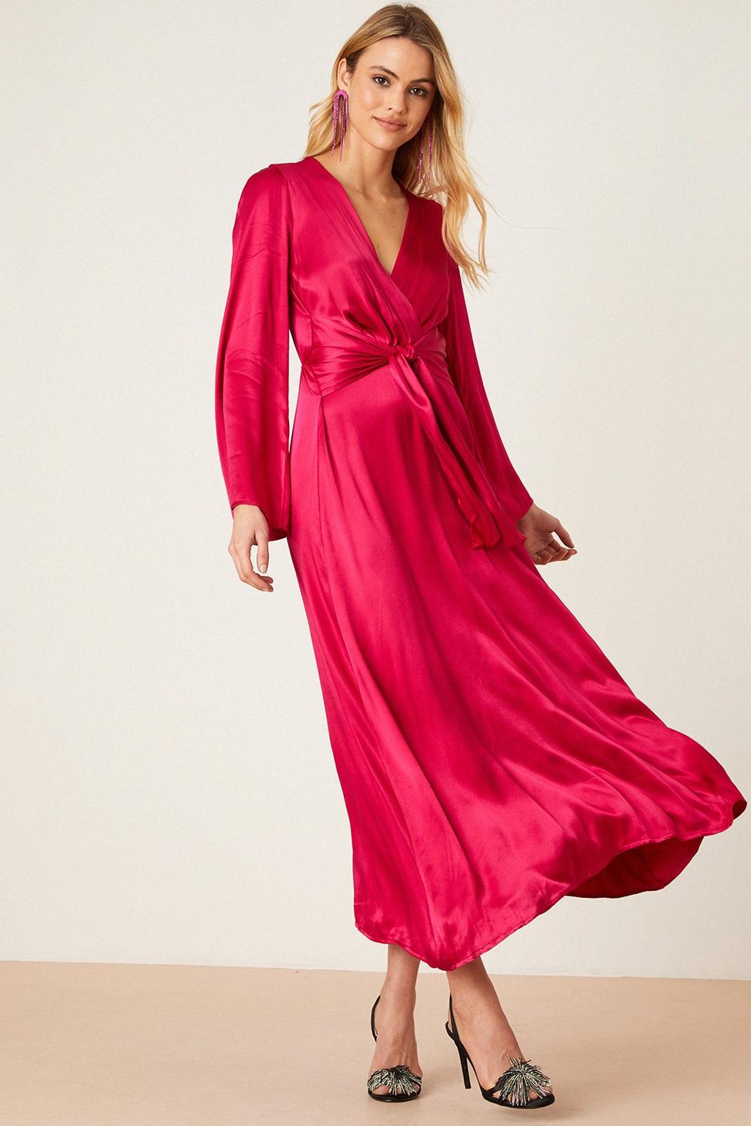 Premium Pink Satin Tie Front Midi Dress image number 1