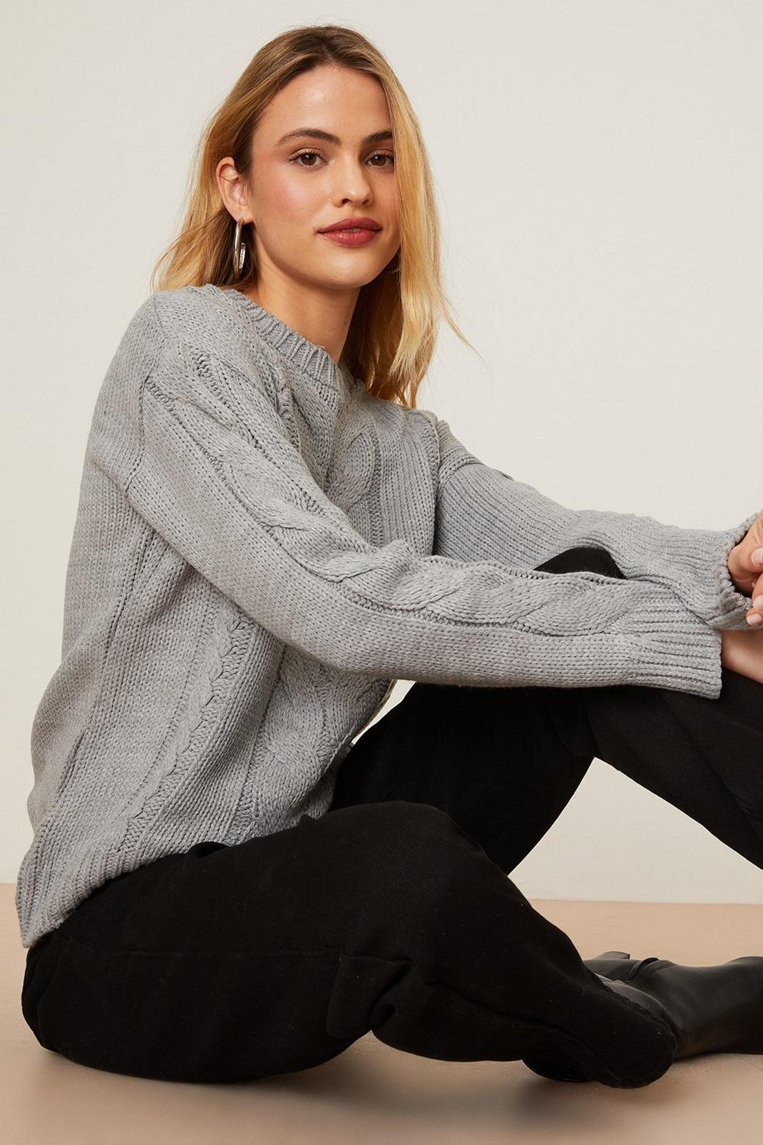 Grey Petite Cable High Neck Jumper image number 1