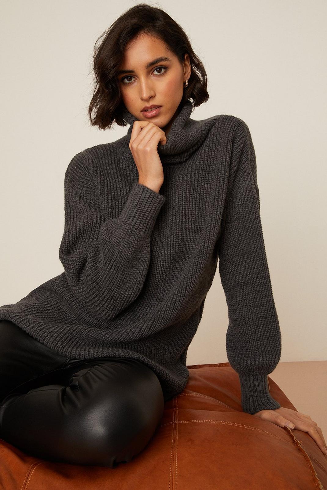 Charcoal Tall Roll Neck Jumper image number 1