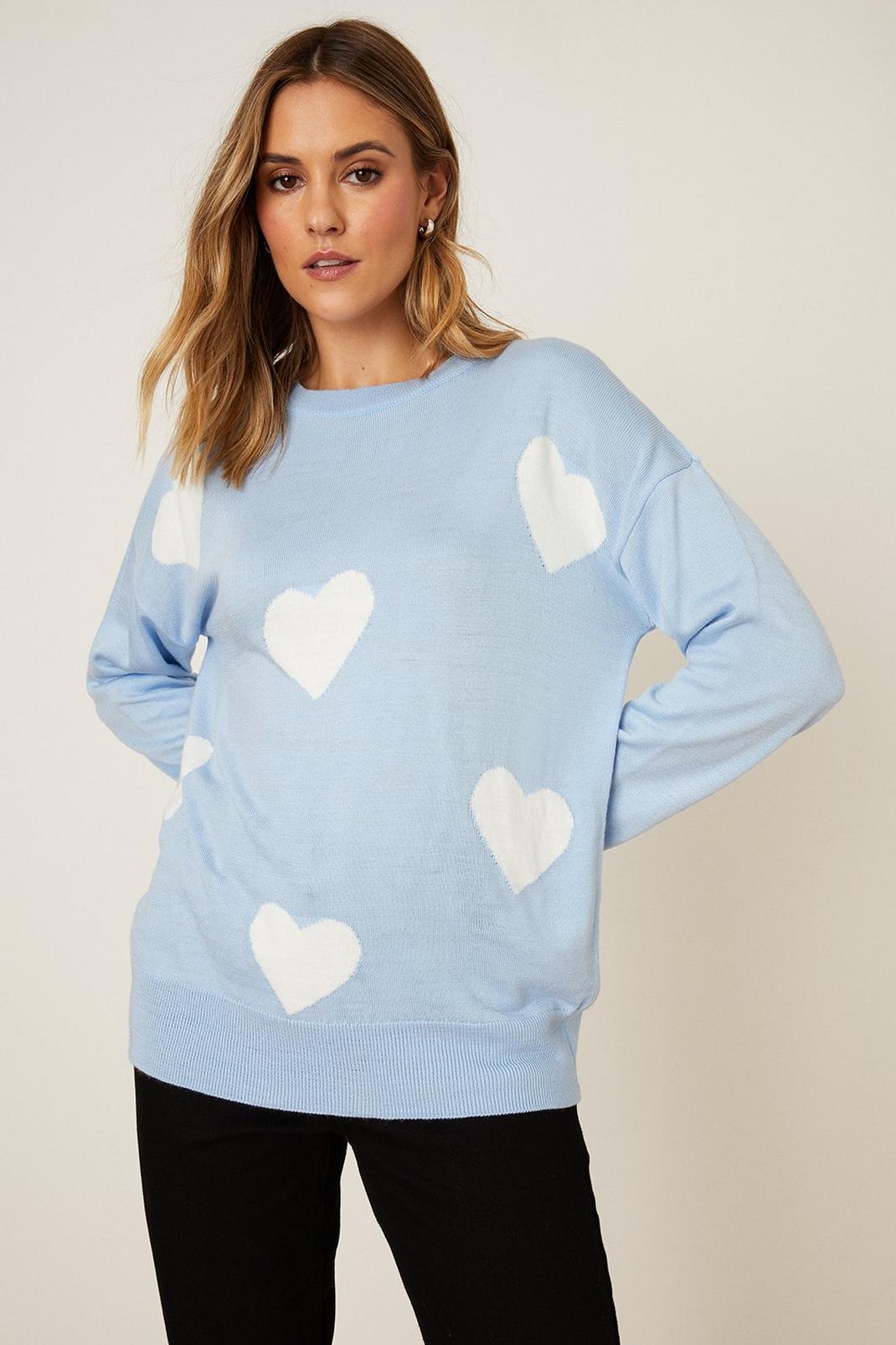 Blue All Over Heart Knitted Jumper image number 1