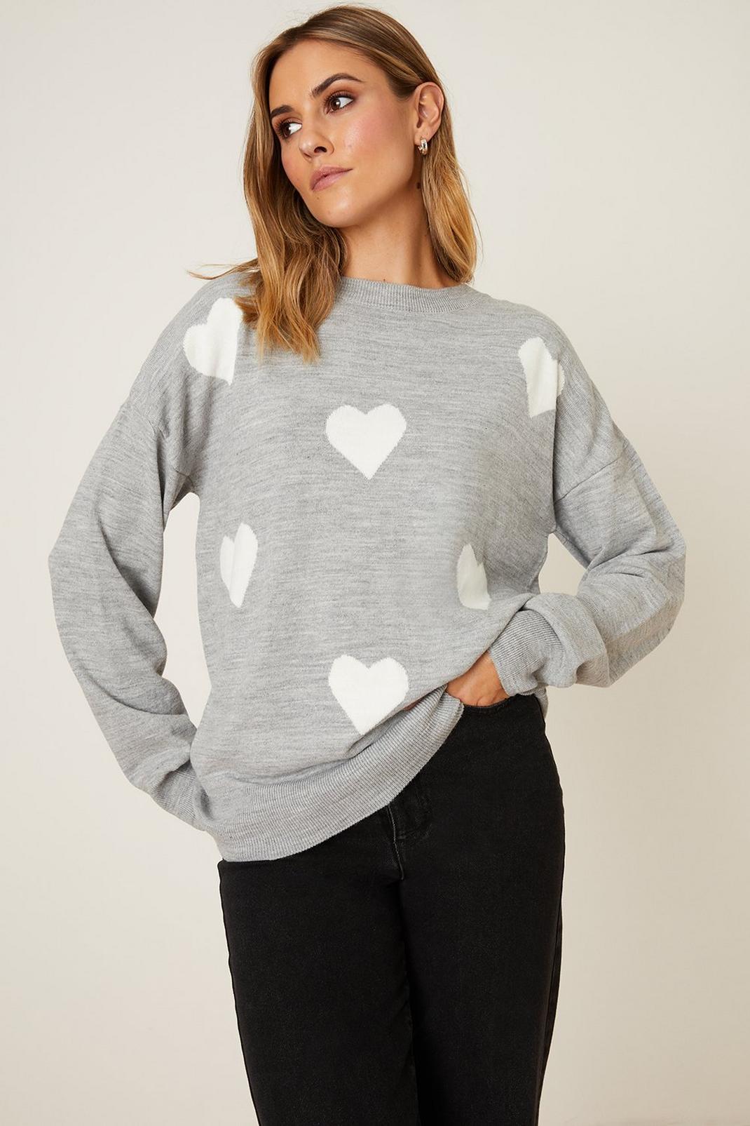 Grey All Over Heart Knitted Jumper image number 1