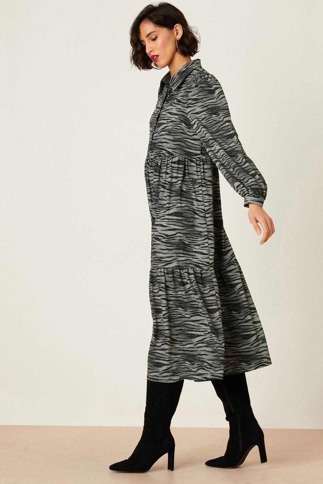 Khaki Animal Long Sleeve Smock Midi Dress image number 1