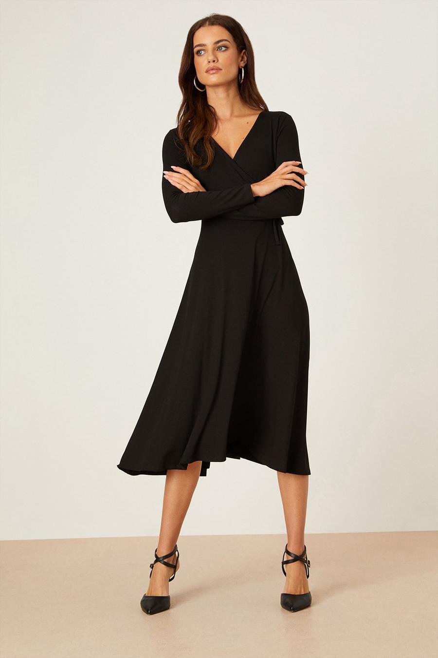 Petite Black Long Sleeve Wrap Midi Dress