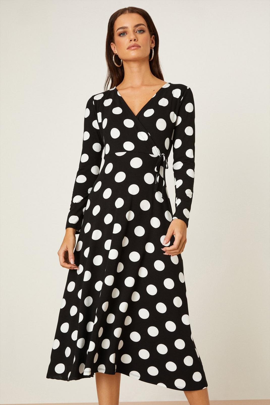 Black Petite Spot Long Sleeve Wrap Midi Dress  image number 1