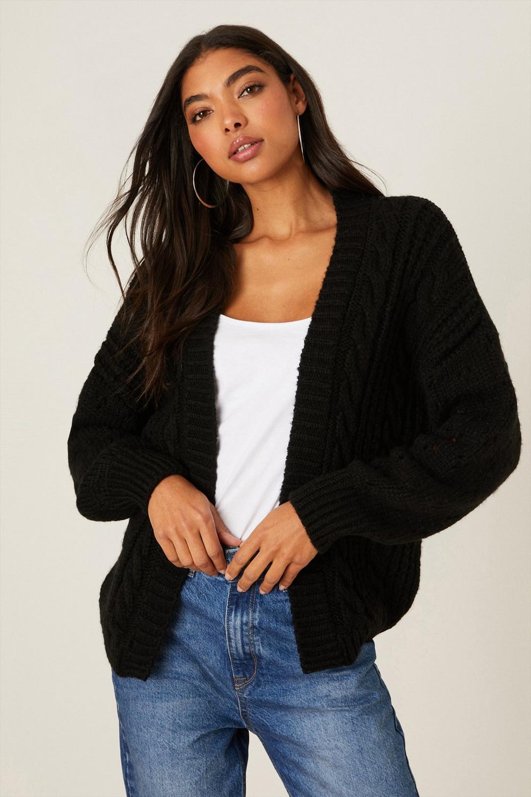 Black Chunky Cable Knitted Cardigan image number 1