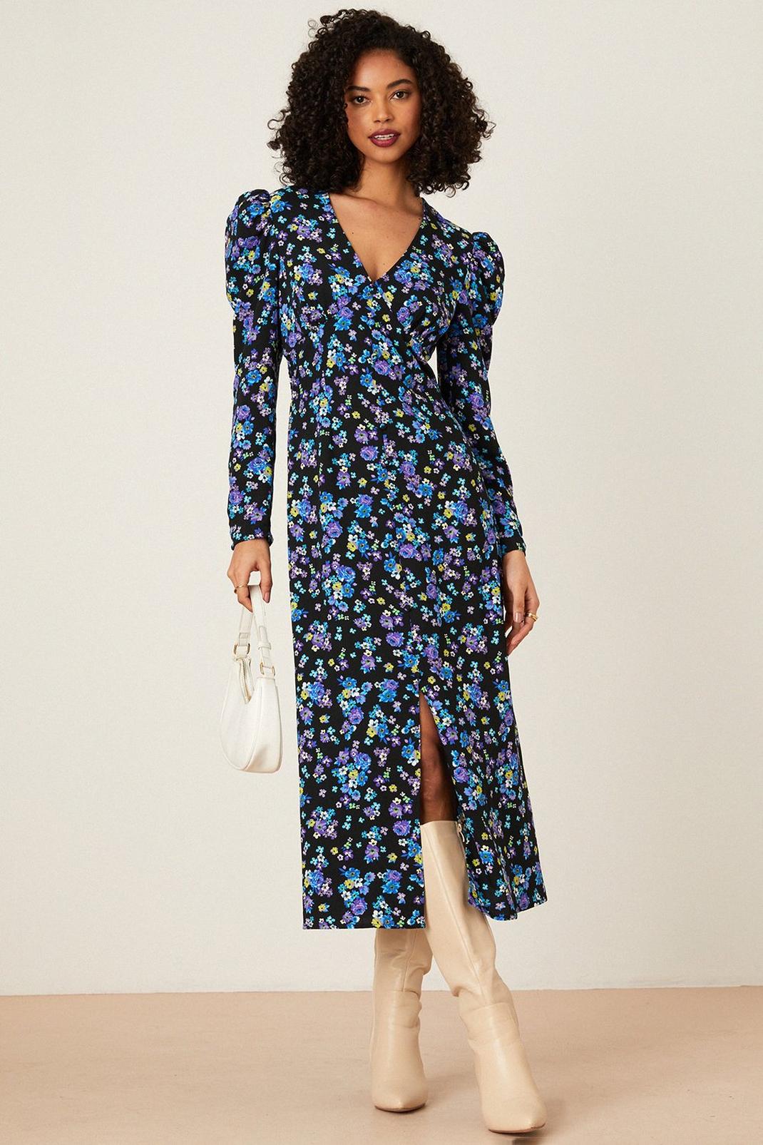 Black Ditsy Floral Button Front Midi Dress image number 1