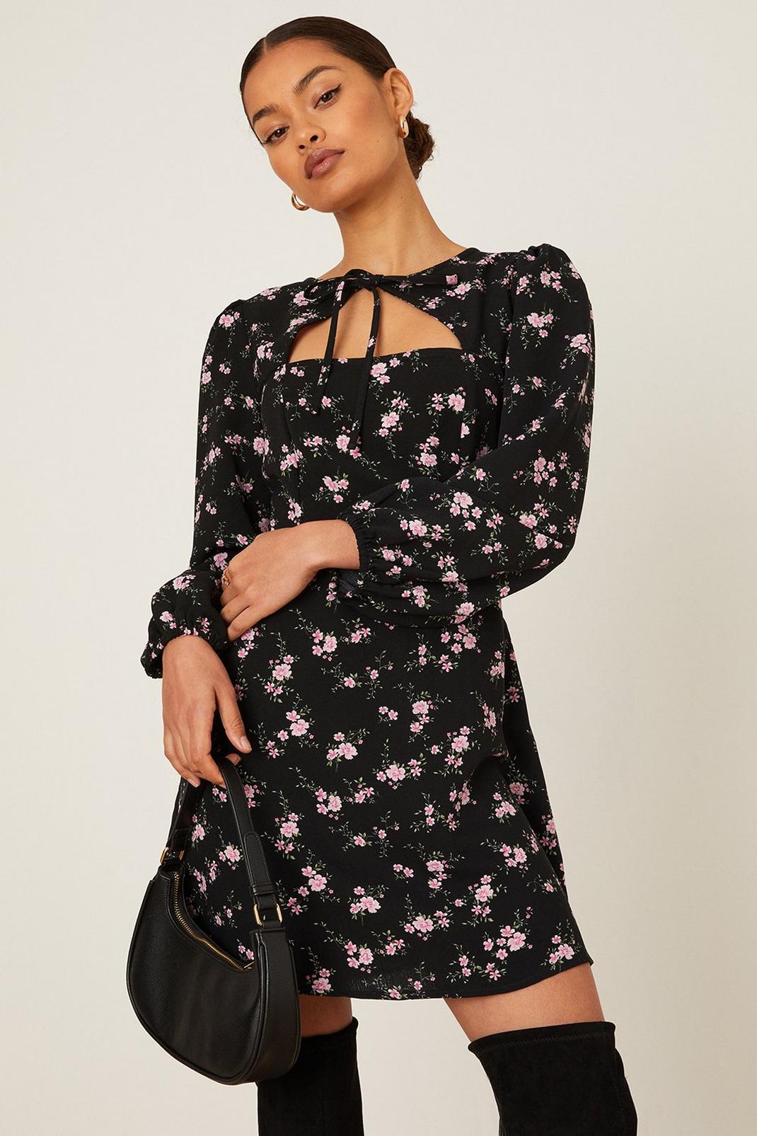 Black Petite Ditsy Floral Tie Neck Mini Dress image number 1