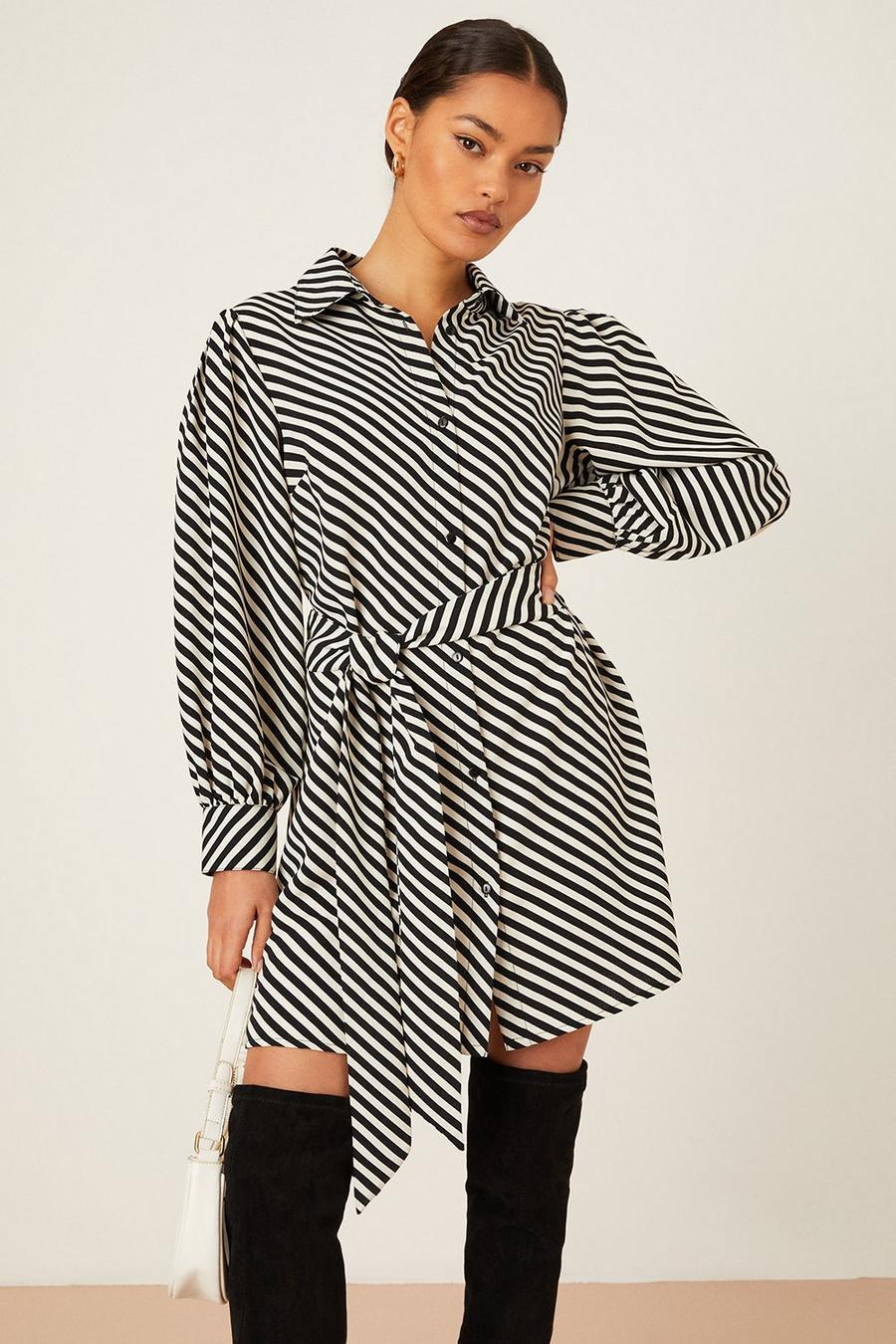 Petite Mono Stripe Mini Shirt Dress