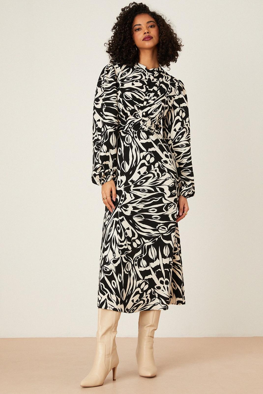 Mono Print High Neck Ruched Midi Dress image number 1
