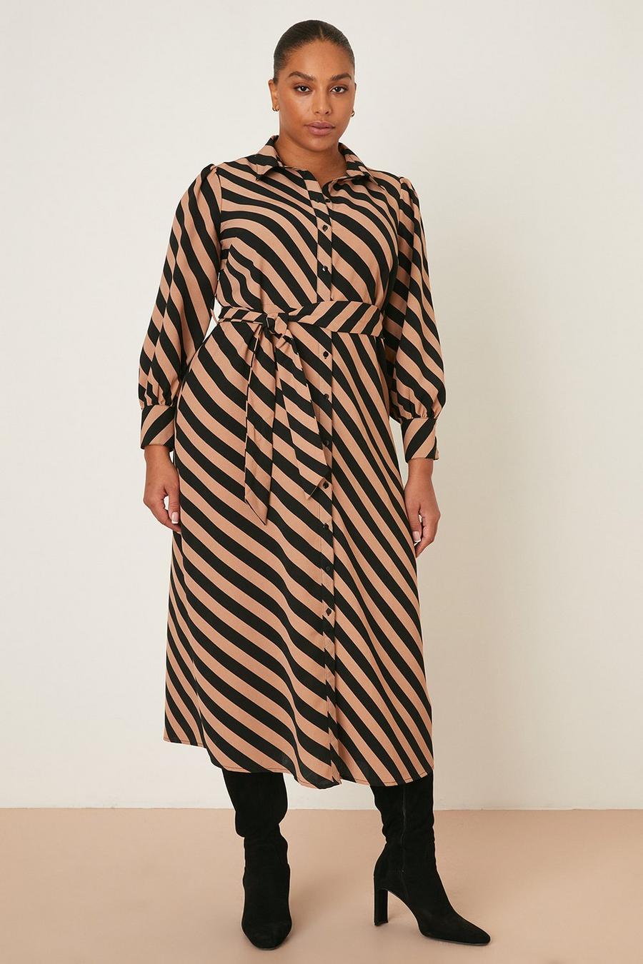 Curve Camel Stripe Shirt Dress