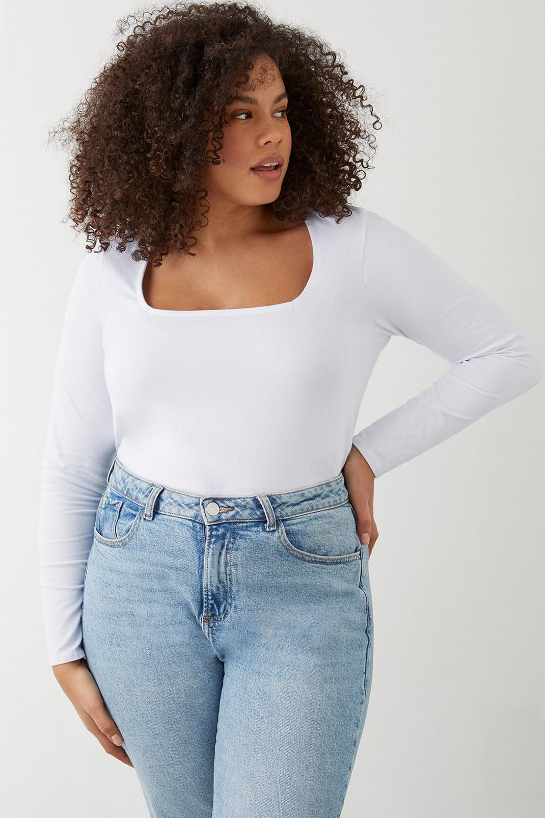 White Curve Square Neck Long Sleeve Top  image number 1