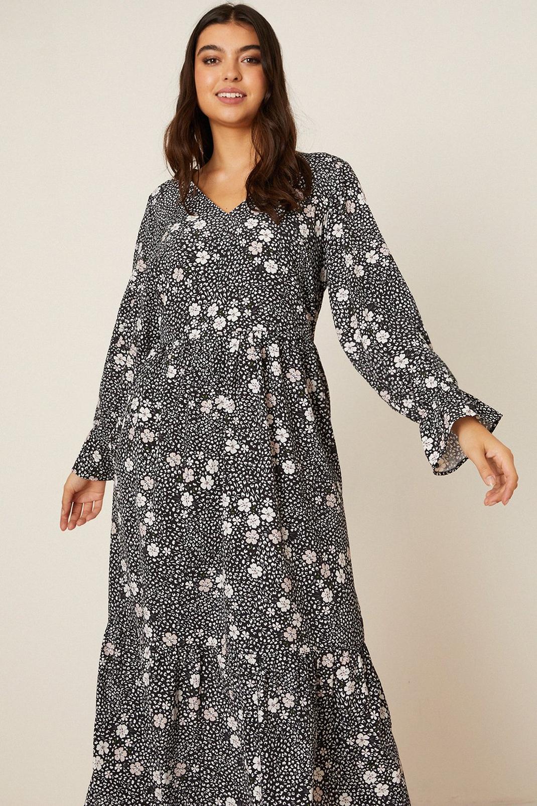 Mono Curve Floral Long Sleeve Tiered Midi Dress  image number 1