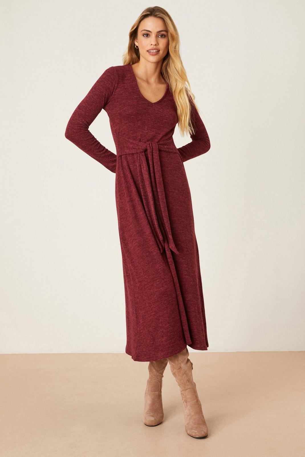Berry Tie Front Soft Touch Midi Dress image number 1