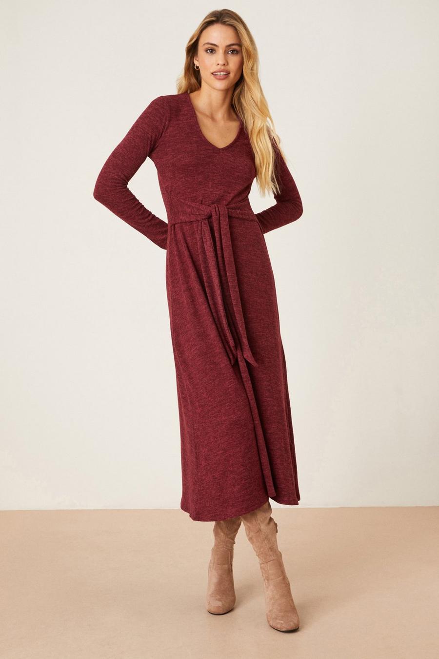 Berry Tie Front Soft Touch Midi Dress