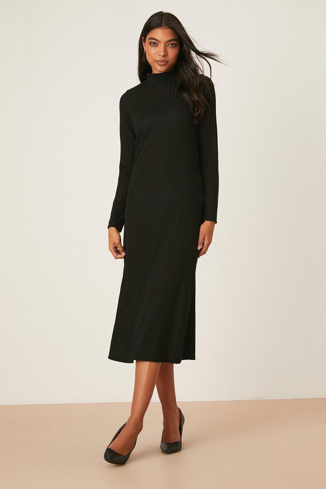 Black Ribbed Soft Touch Long Sleeve Midi Dress image number 1