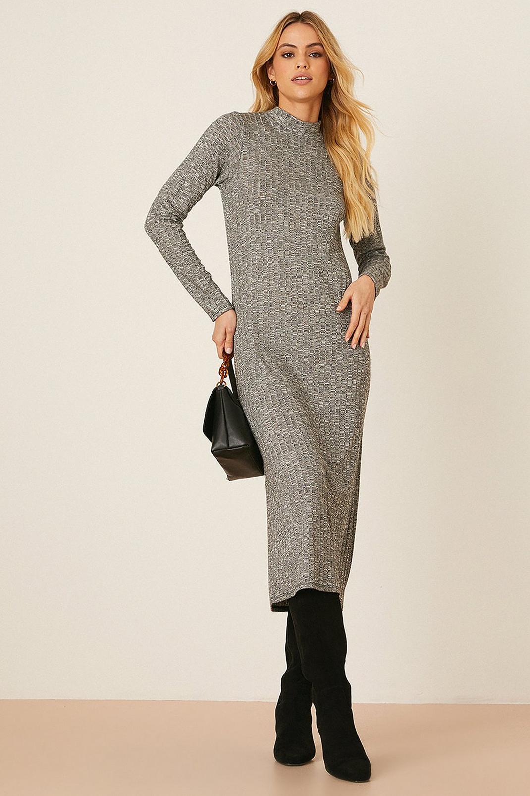 Grey Ribbed Soft Touch Long Sleeve Midi Dress image number 1