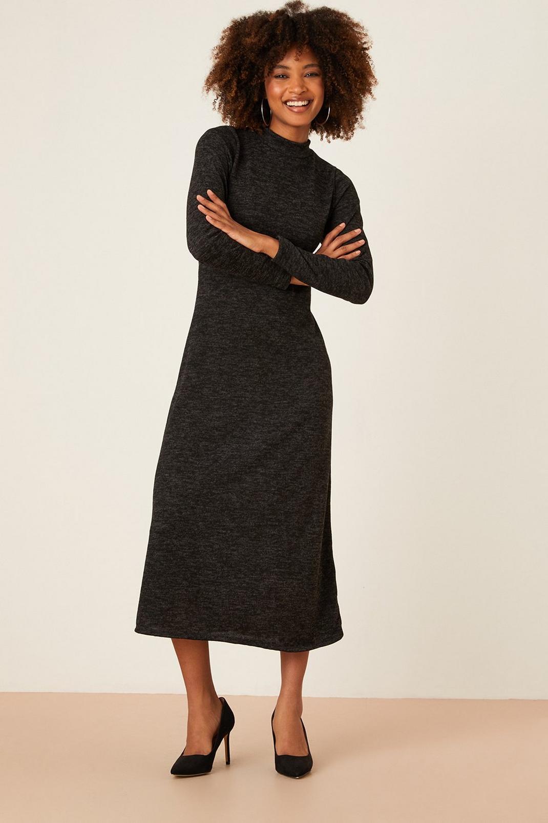 Roll Neck  Charcoal Soft Touch Midi Dress image number 1
