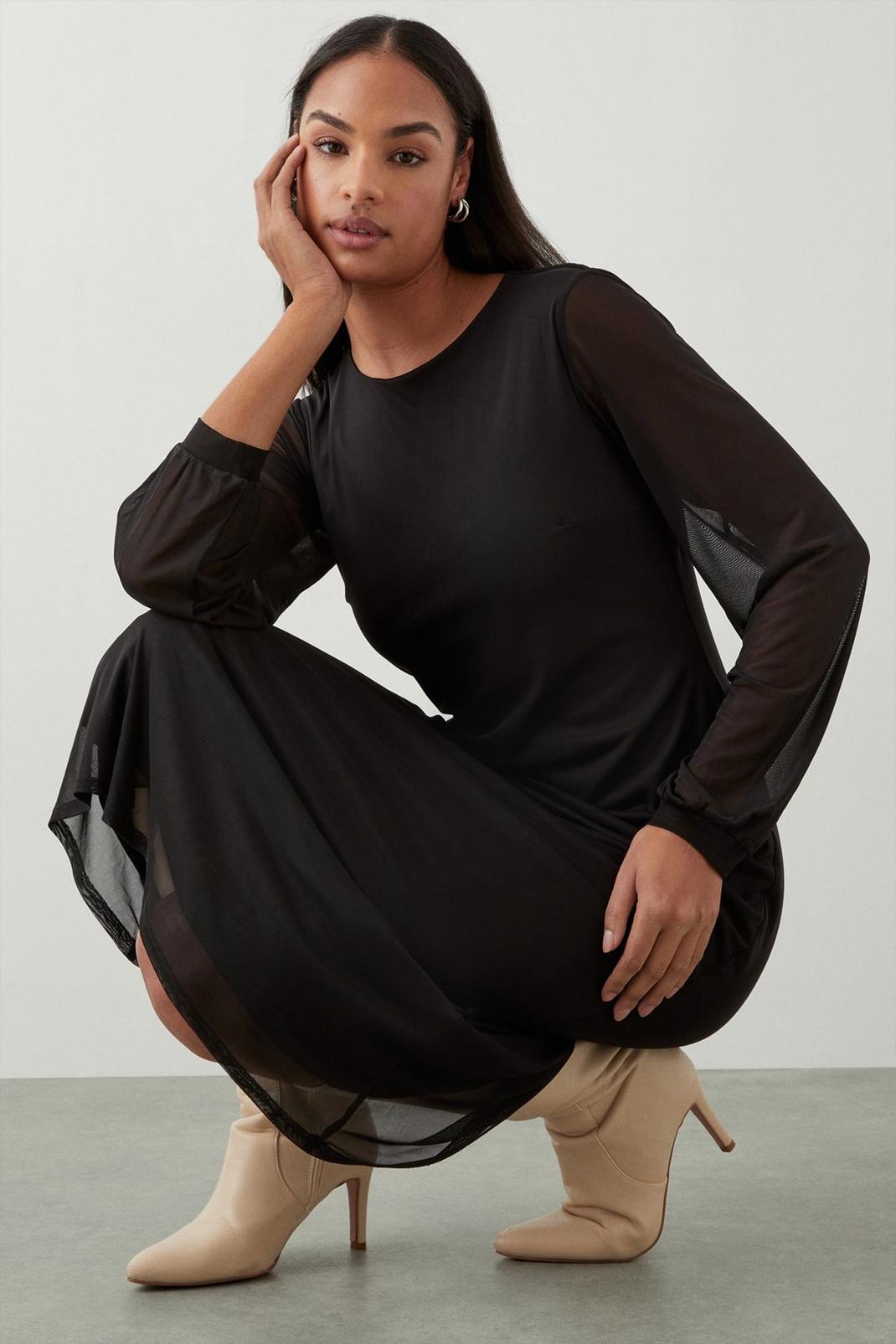 Mesh Black Long Sleeve Midi Dress image number 1