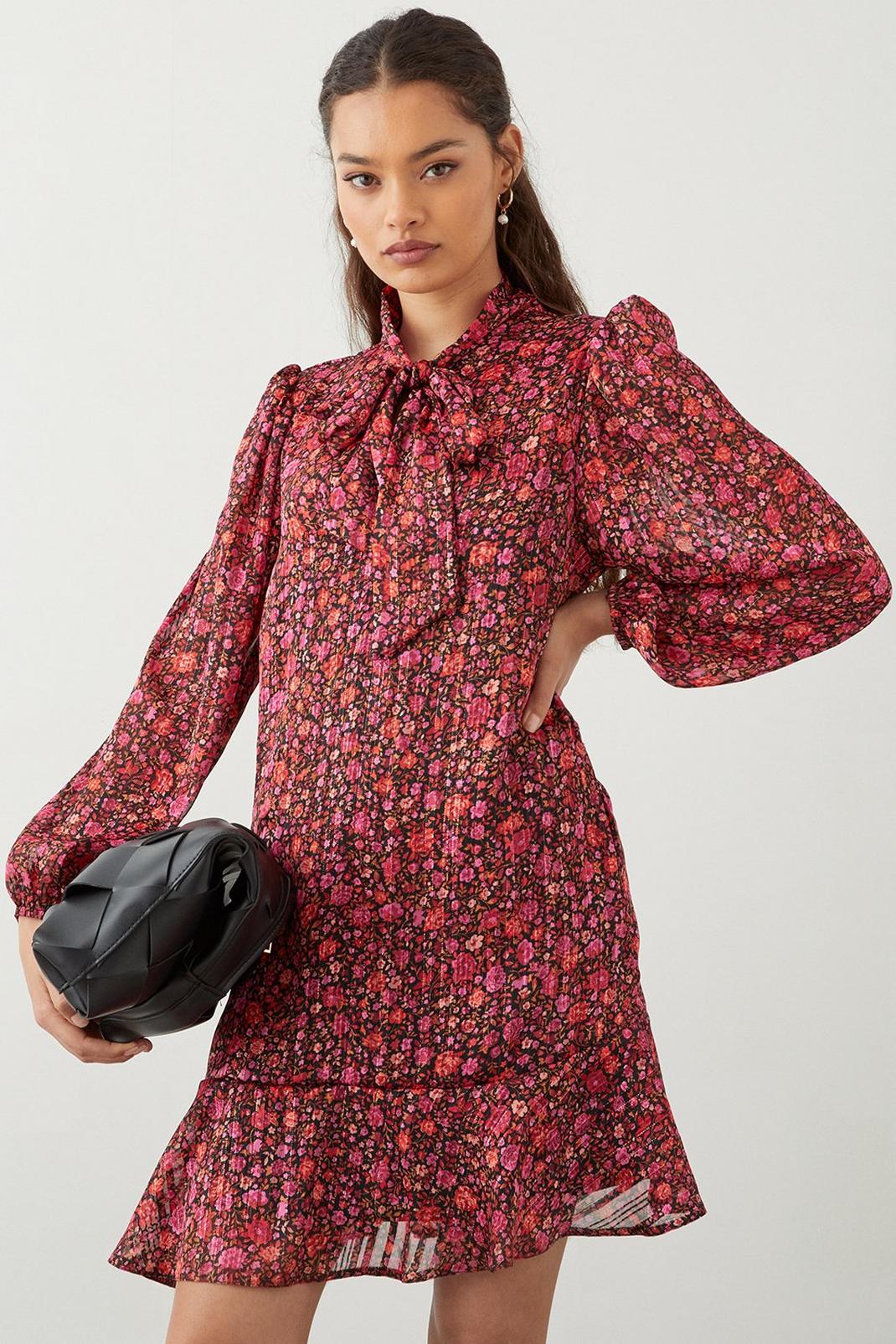 Red Petite Floral Chiffon Tie Neck Long Sleeve Mini Dress image number 1