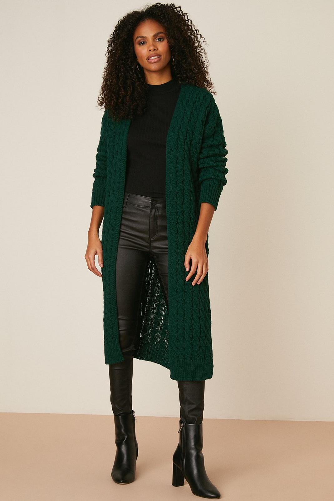 Bottle green Cable Knit Longline Cardigan image number 1