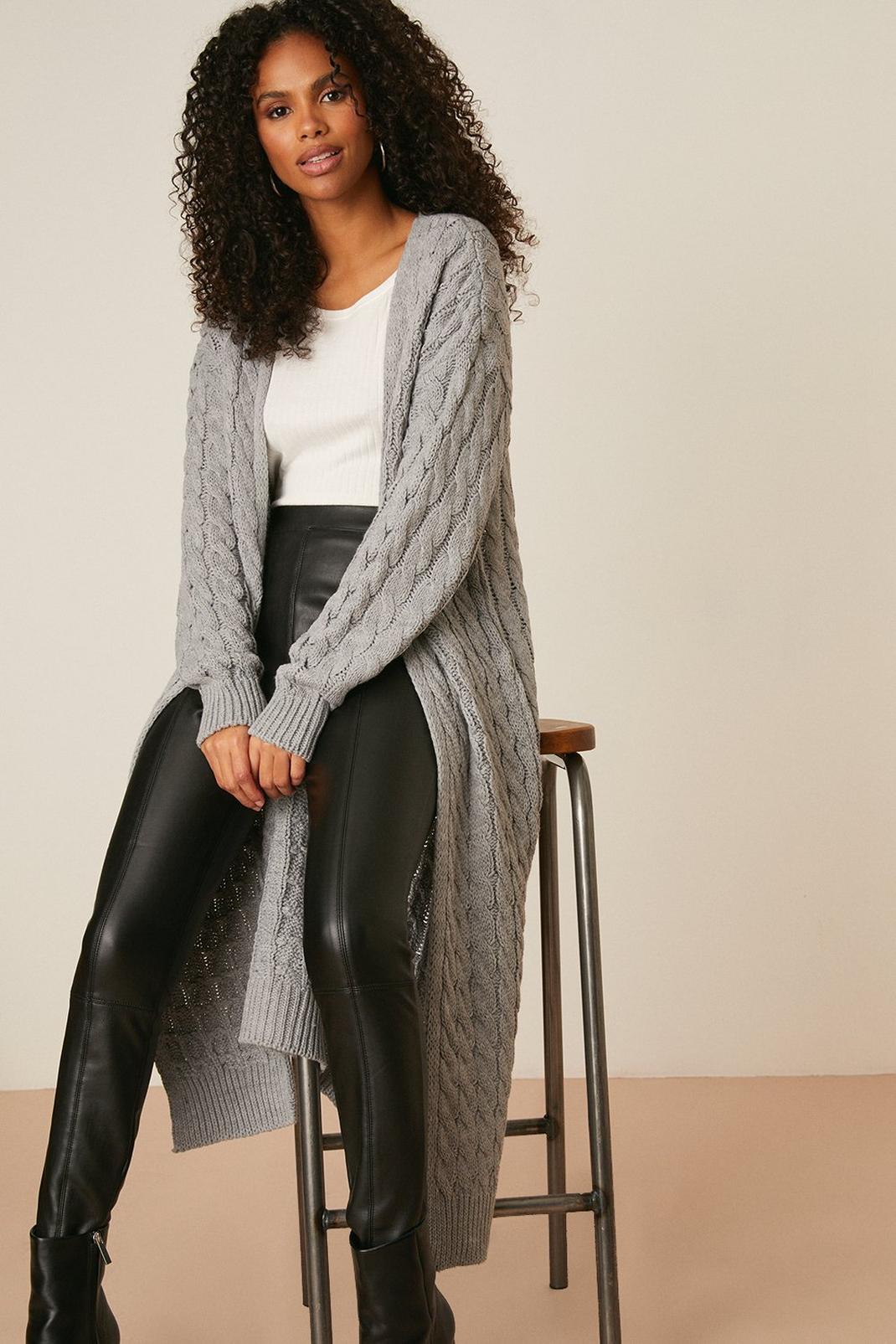 Grey Cable Knit Longline Cardigan image number 1
