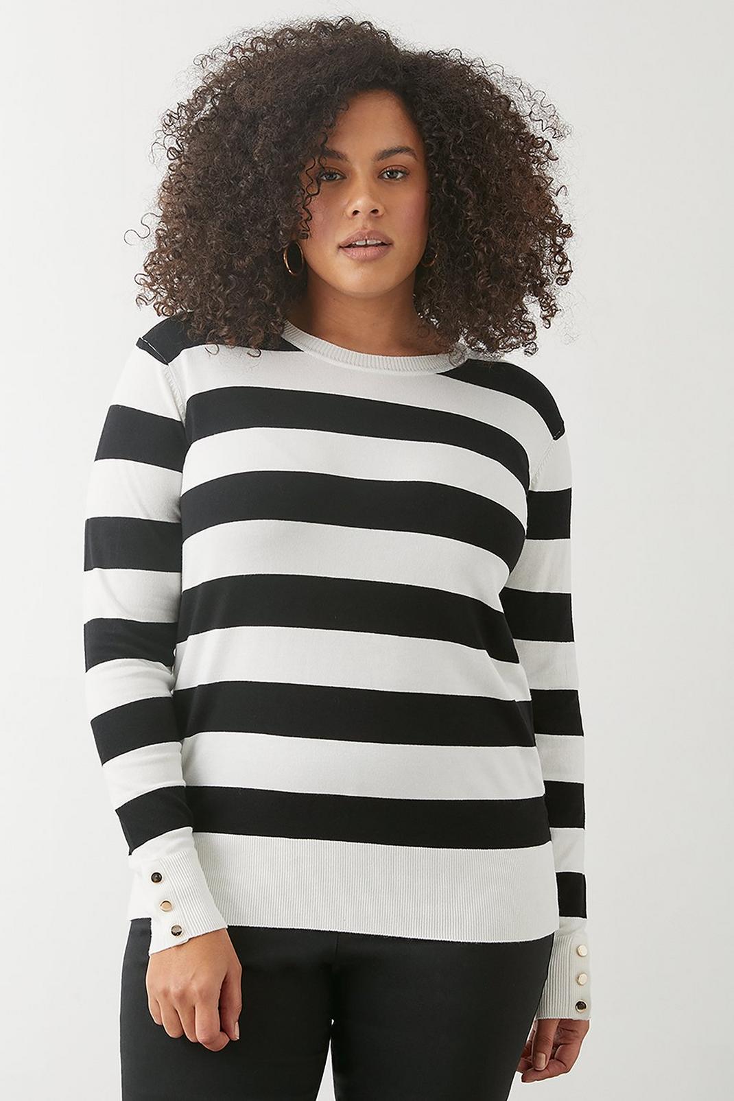 Multi Curve Striped Black And Ivory Button Cuff Jumper image number 1