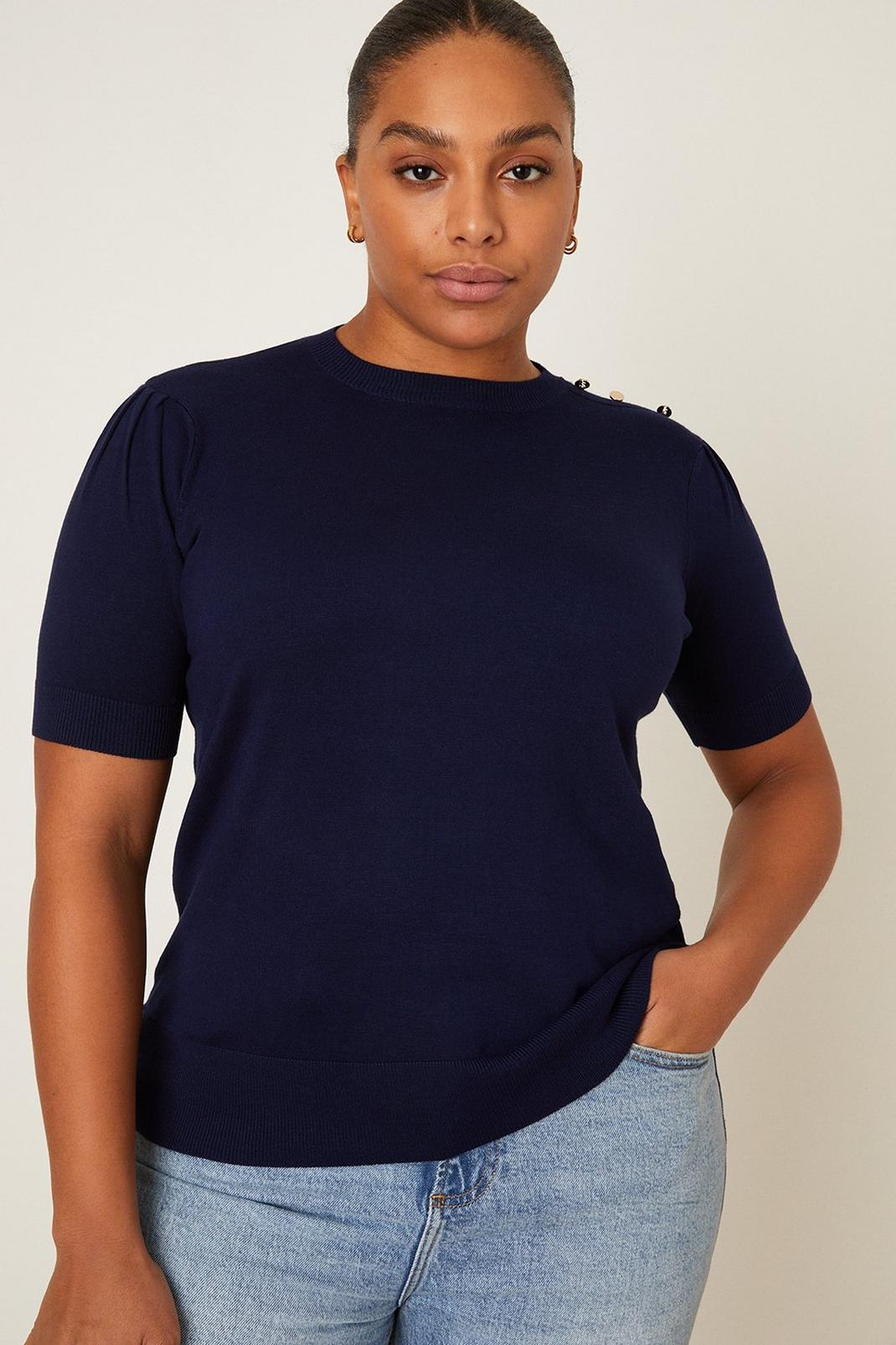 Navy Curve Button Cuff Half Sleeve Jumper image number 1