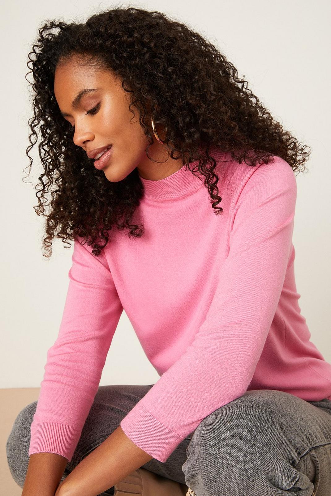 Pink 3/4 Sleeve High Neck Knitted Top image number 1