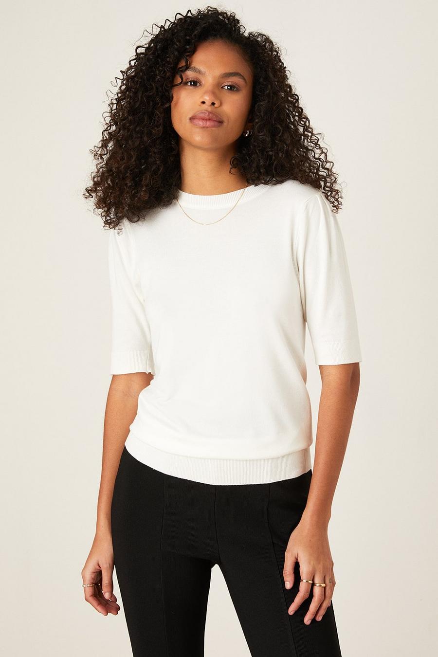 Button Shoulder Half Sleeve Knitted Top