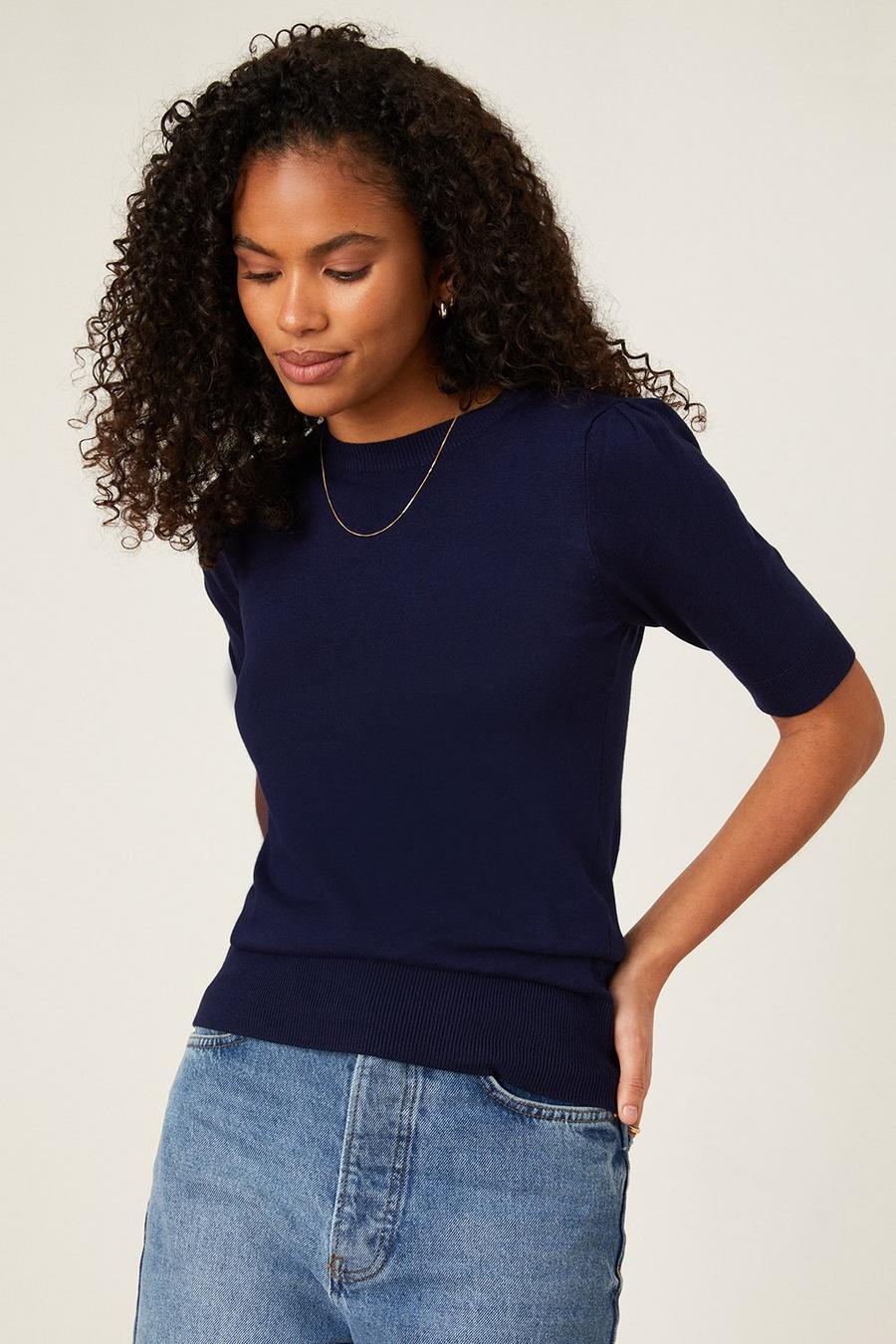 Button Shoulder Half Sleeve Knitted Top