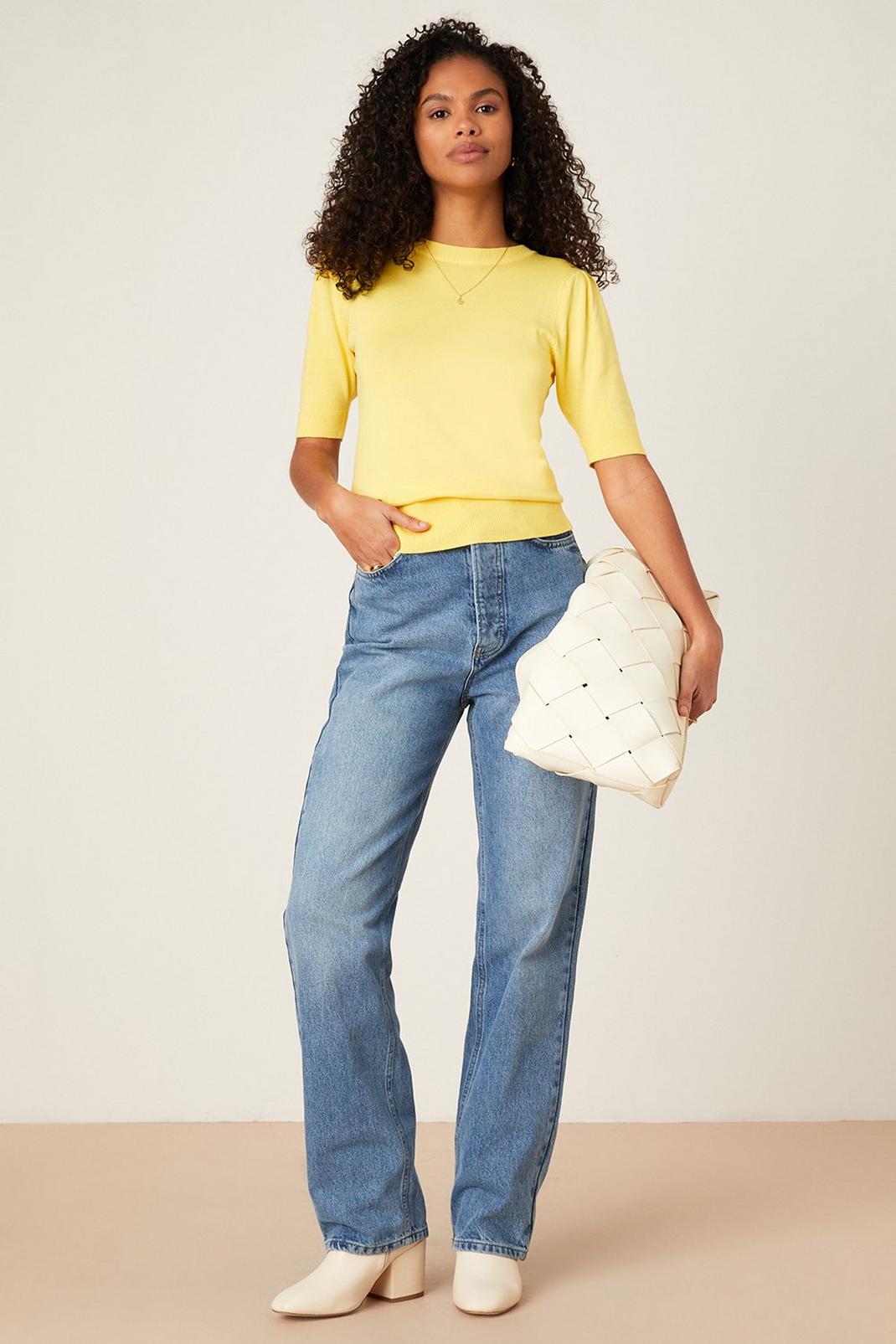 Yellow Button Shoulder Half Sleeve Knitted Top image number 1