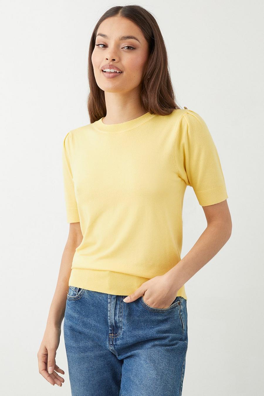 Petite Button Shoulder Half Sleeve Knitted Top