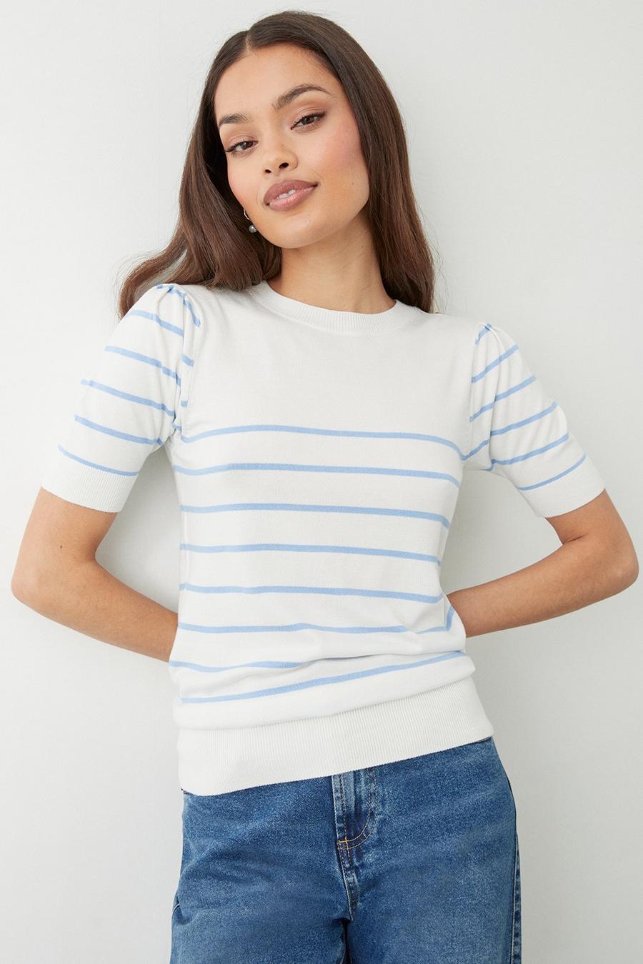 Petite Stripe Button Shoulder Half Sleeve Knitted Top