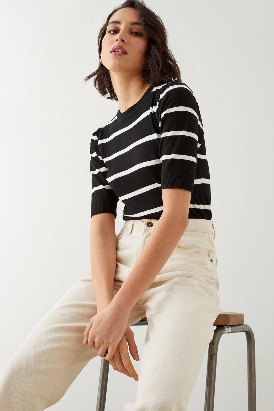 Black Tall Stripe Button Shoulder Half Sleeve Knitted Top image number 1