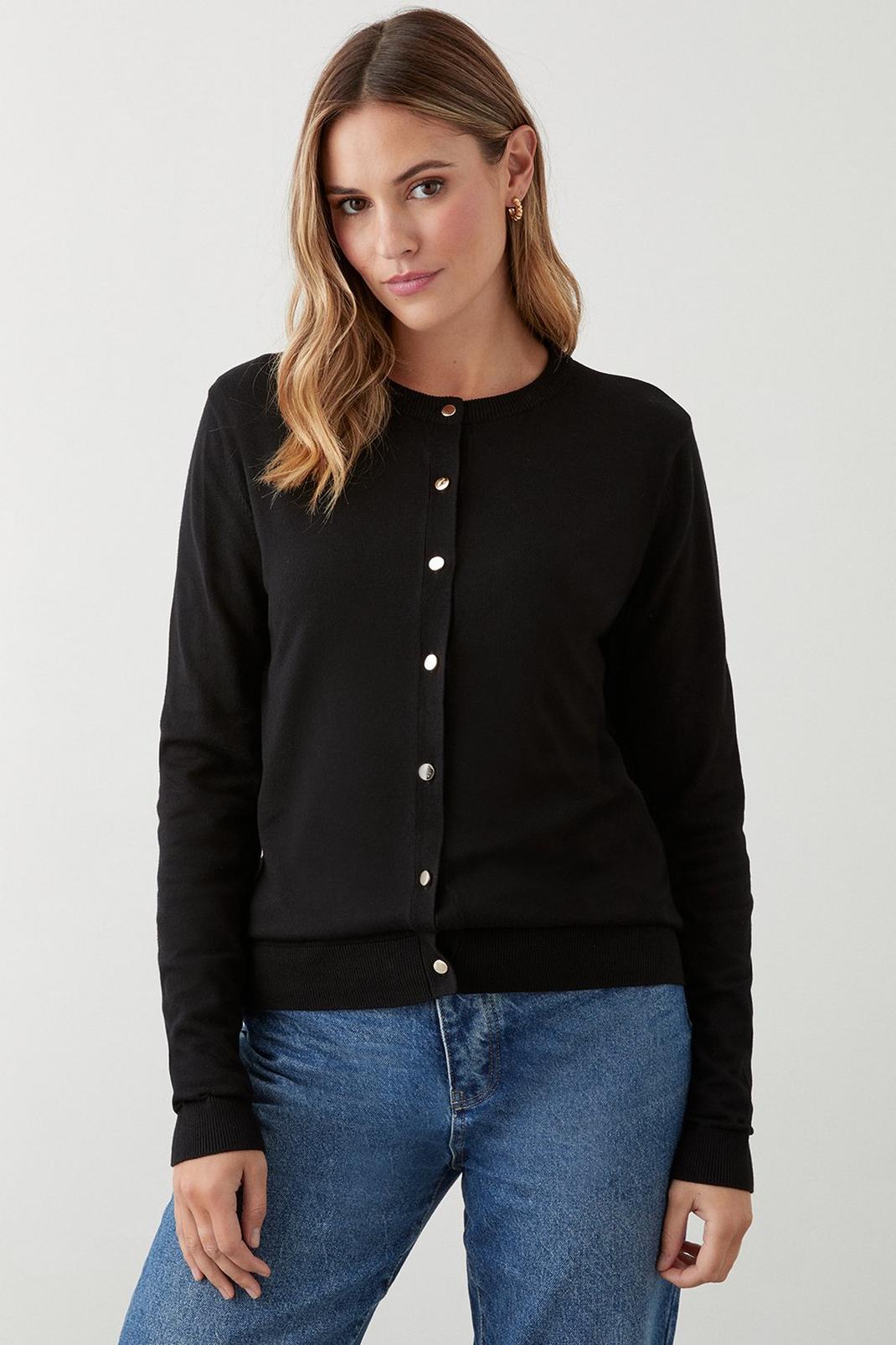 Black Button Through Crew Neck Knitted Cardigan image number 1