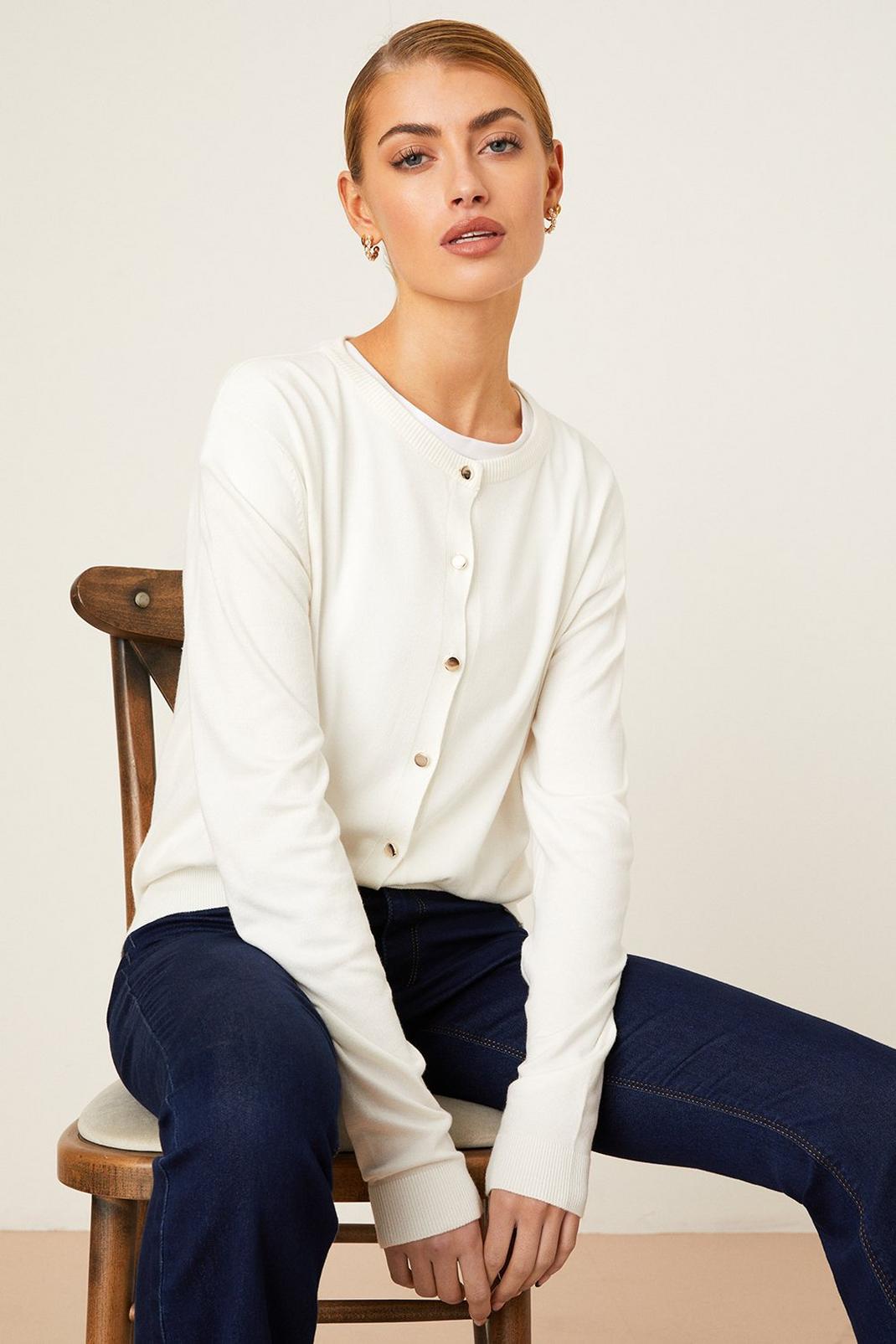 Ivory Button Through Crew Neck Knitted Cardigan image number 1