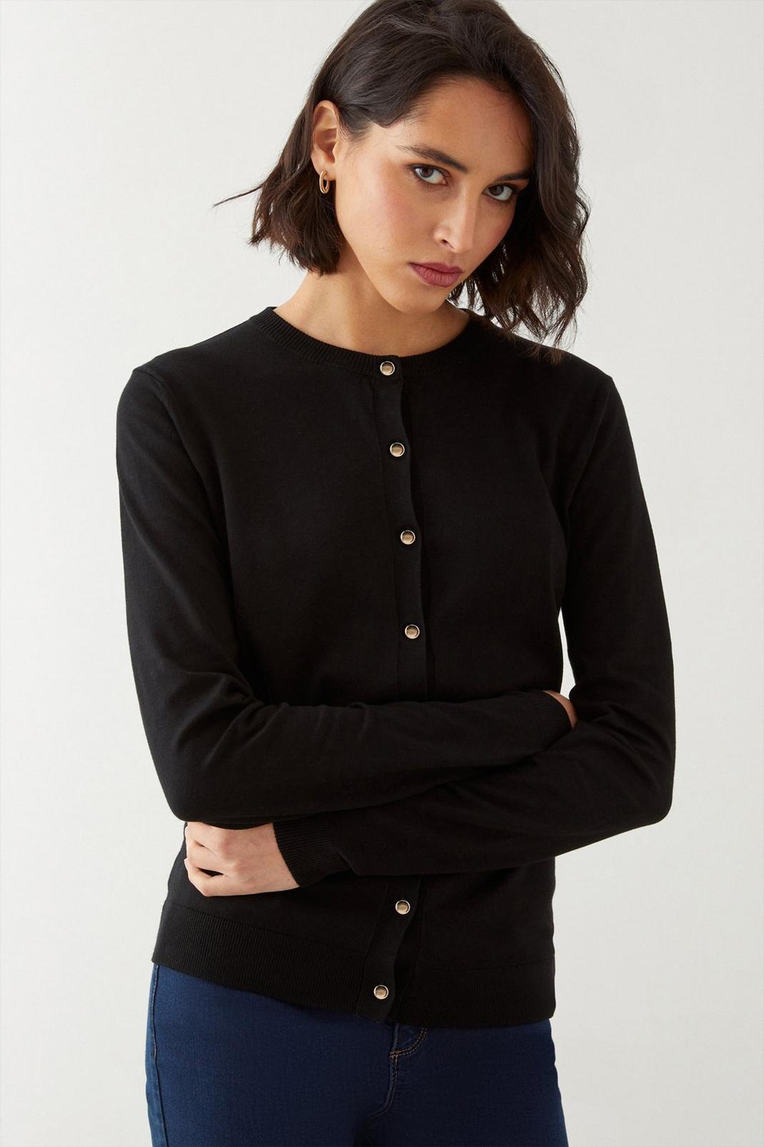 Black Tall Button Through Crew Neck Knitted Cardigan image number 1